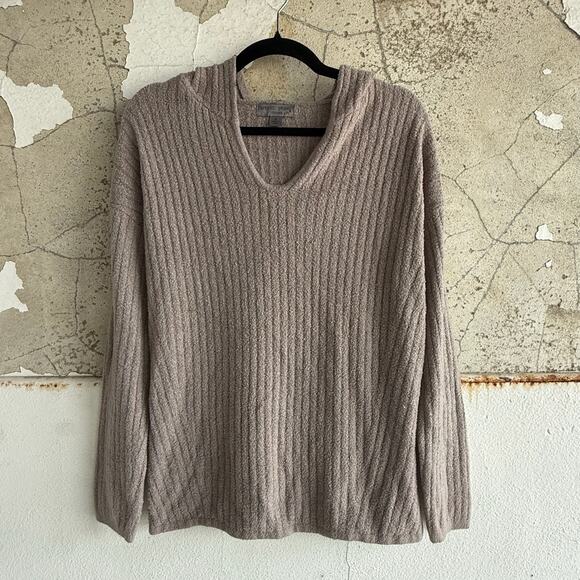 Barefoot Dreams Cozy Chic Lite Hoodie Rib Knit Taupe Pullover Sweater Womens M - Picture 1 of 6